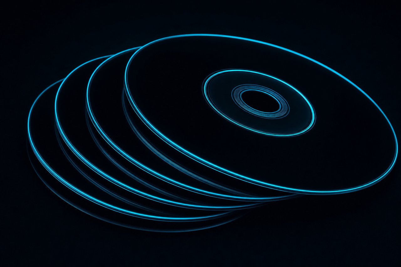 A fan of blank recordable DVD discs catching cyan rim light on a dark surface.