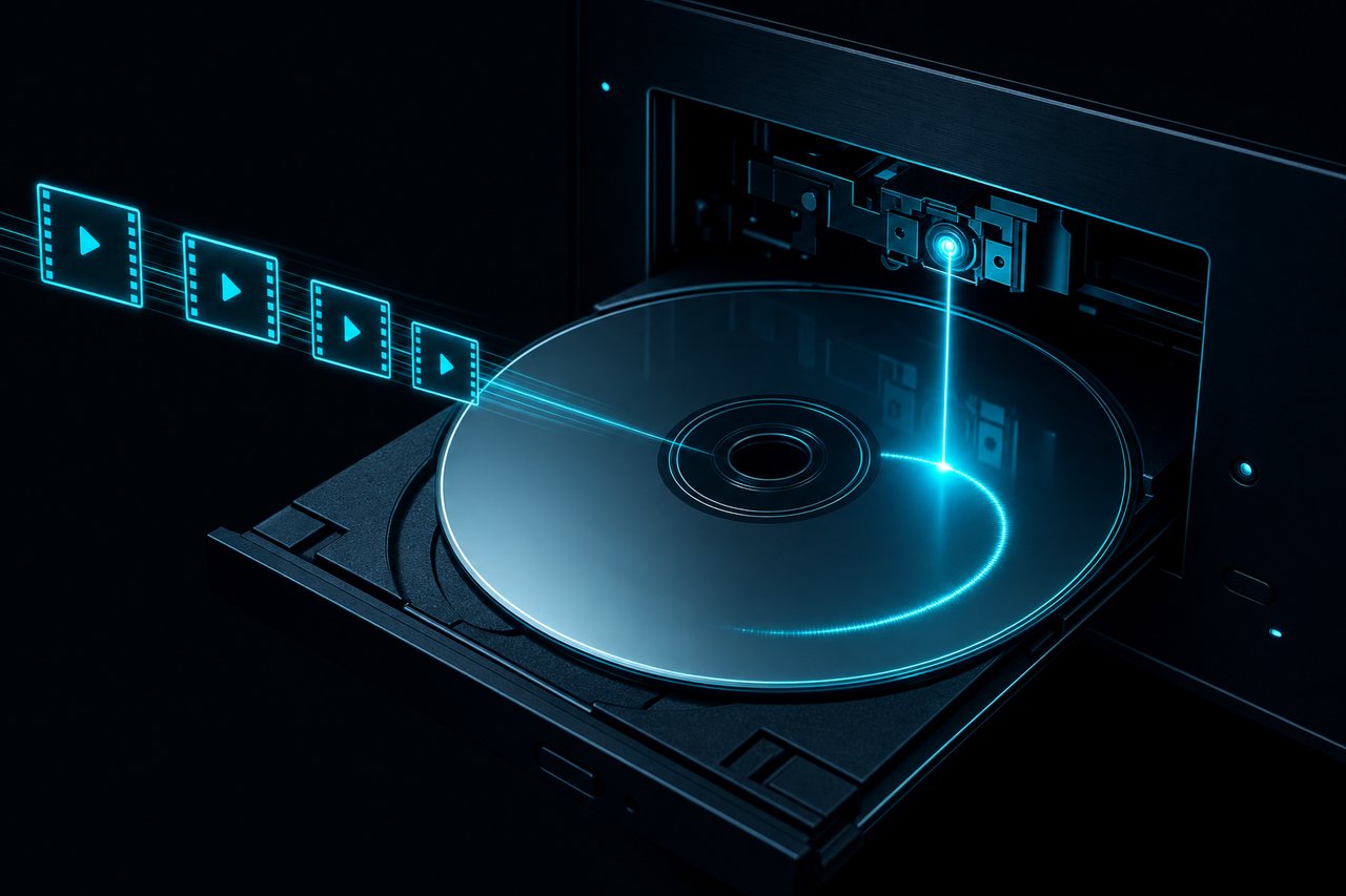 A recordable disc on an open drive tray with a focused light beam etching it, and video file tiles streaming toward it.