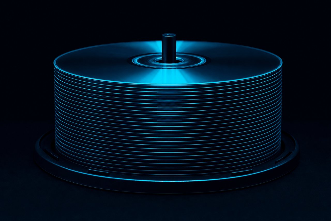 A vertical spindle stack of burned optical discs lit by a cyan glow on a dark surface.