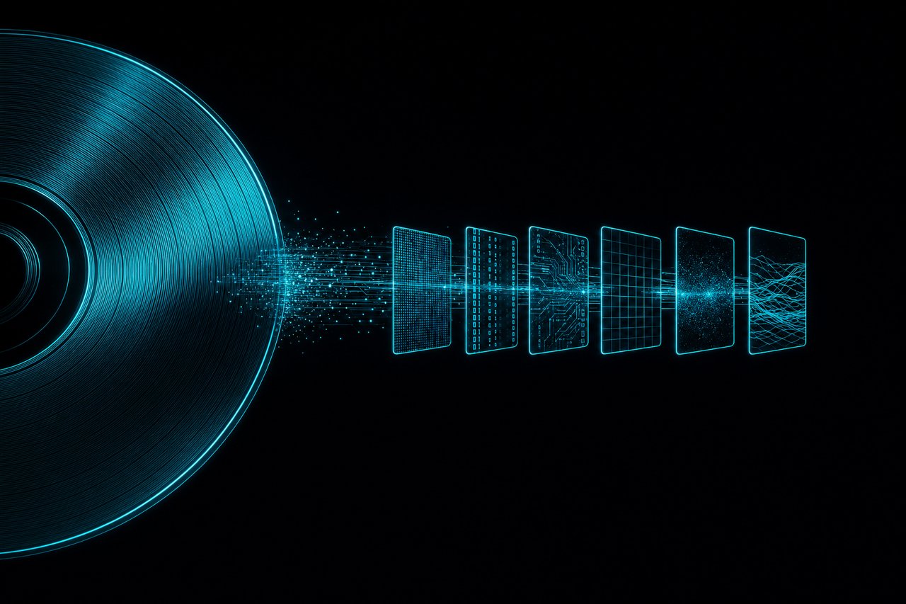 A disc on the left streaming particles of light into a row of floating file tiles, showing a disc being converted into digital files.