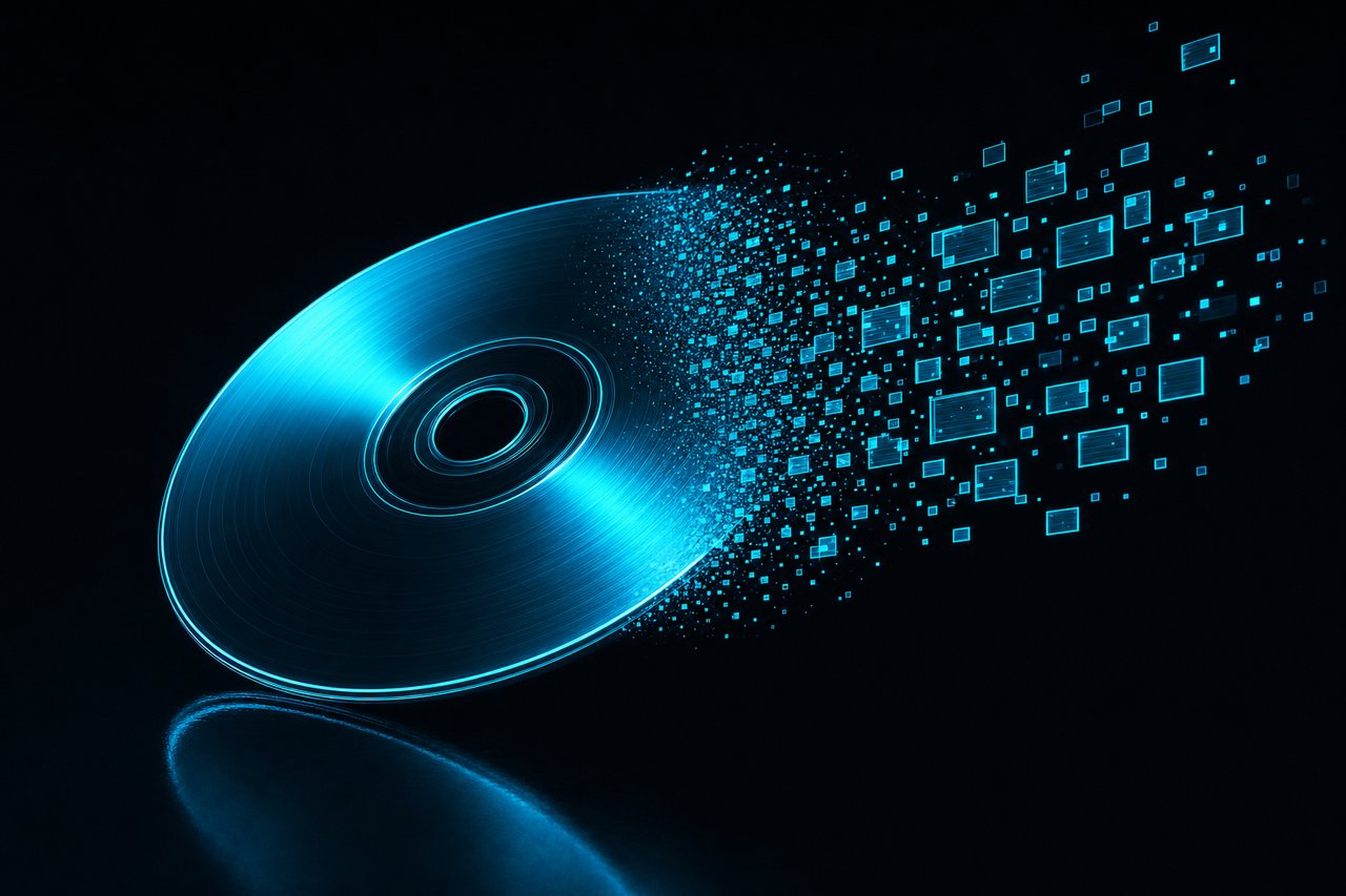 A DVD disc dissolving into a stream of glowing cyan data tiles, suggesting a physical disc converted to digital files.