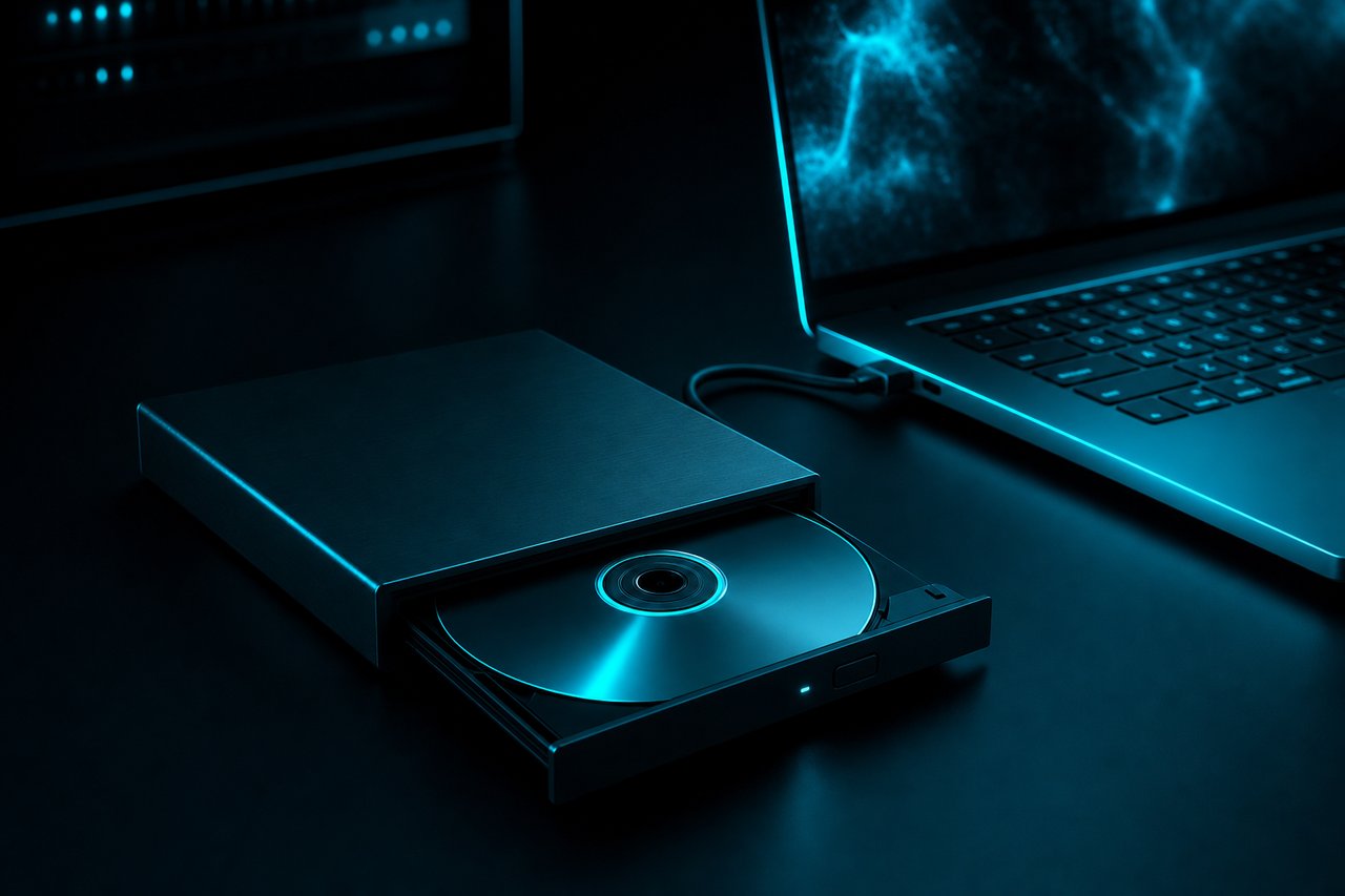 A slim external USB optical drive with an open tray beside a laptop.