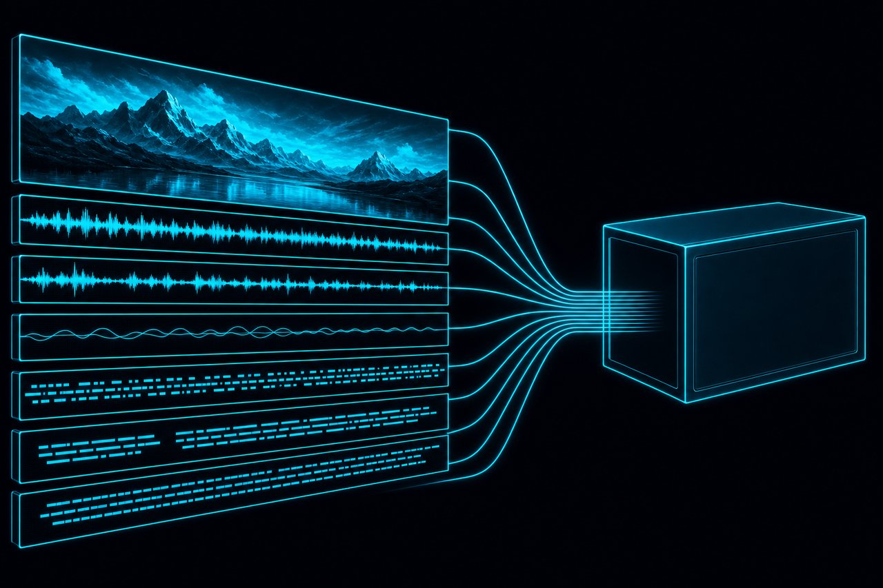Several stacked video, audio and subtitle layers converging into a single container box.
