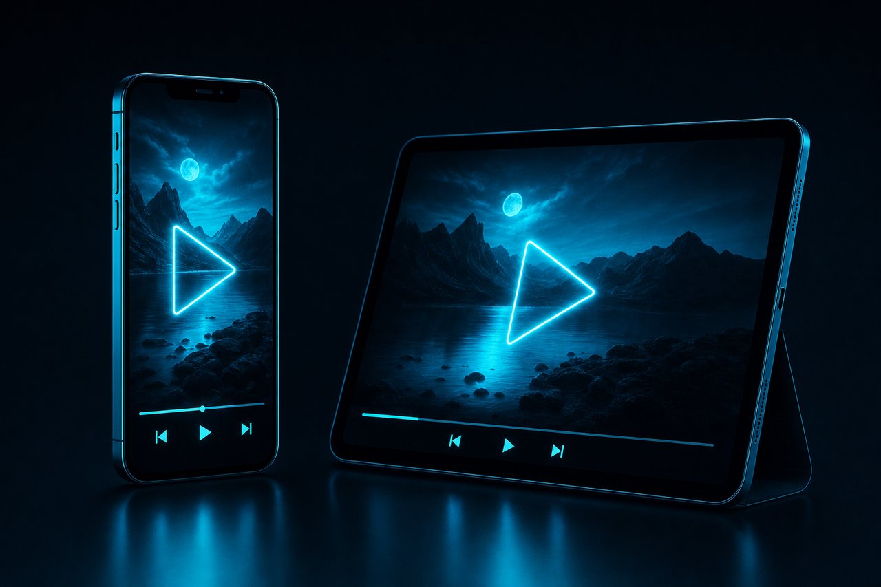 A smartphone and a tablet side by side, each screen showing a glowing play symbol over a video frame.
