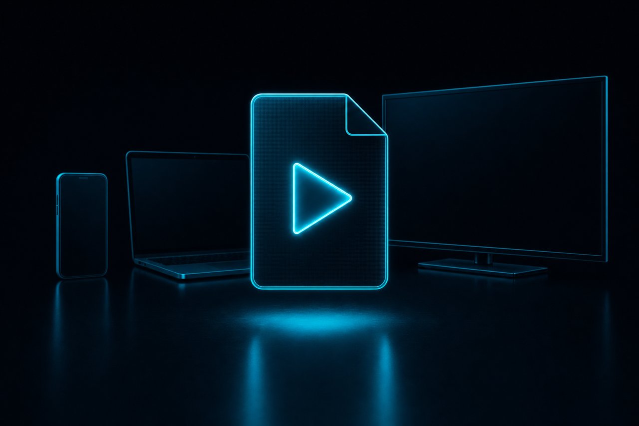A glowing media-file icon with a play symbol in front of a phone, laptop and television.