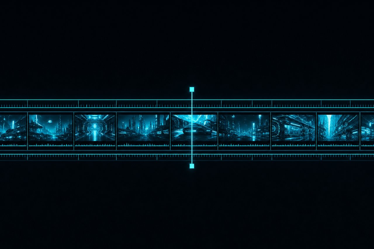 A horizontal film strip of sharp video frames crossed by a playhead, like a video editing timeline.