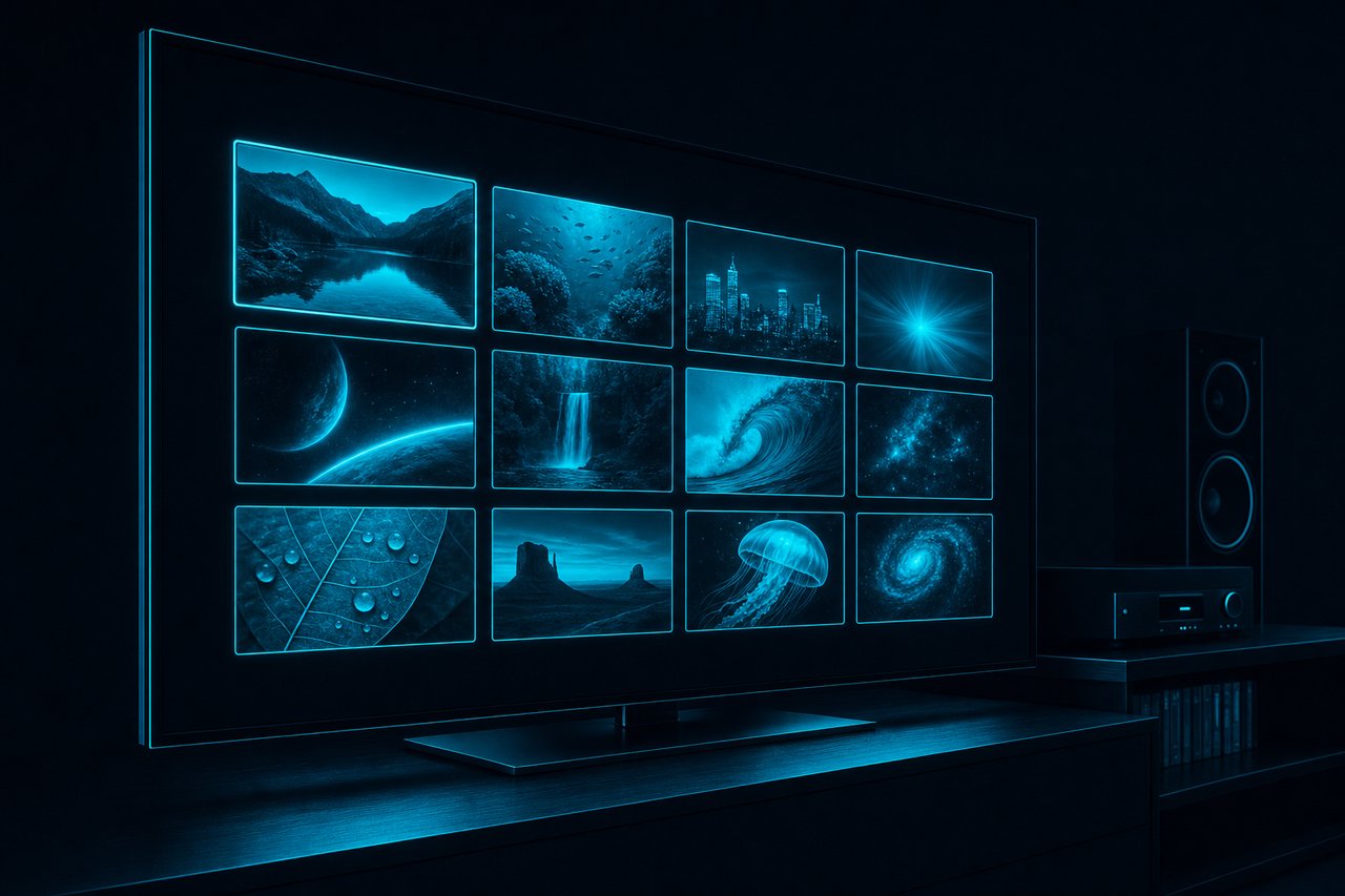 A flat-screen TV in a dark room showing a DVD-style menu of thumbnail buttons.