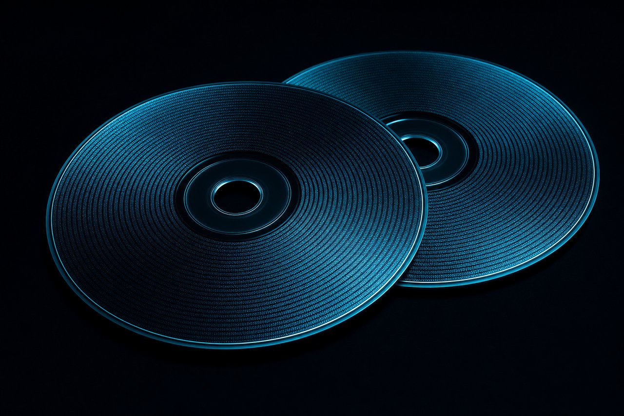 Two identical optical discs overlapping on a dark surface, lit by matching cyan rim light.